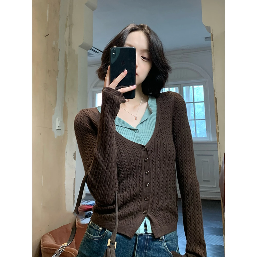 韩版v领撞色假两件细麻花针织开衫女早秋款气质柔软显瘦百搭上衣