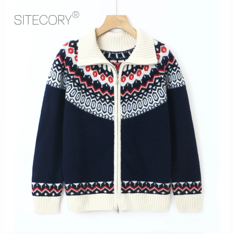 SITECORY 费尔岛复古风翻领拉链款羊毛针织开衫