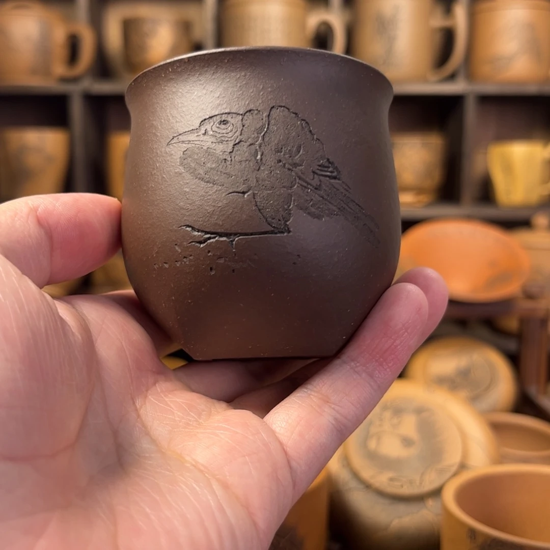 紫砂杯子梦***…福利款无锦盒八哥鸟刻绘紫砂主人杯