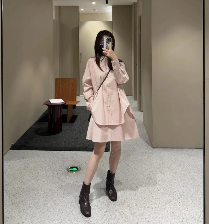 粉色设计款宽松休闲版层叠喇叭形长袖衬衫裙连衣裙