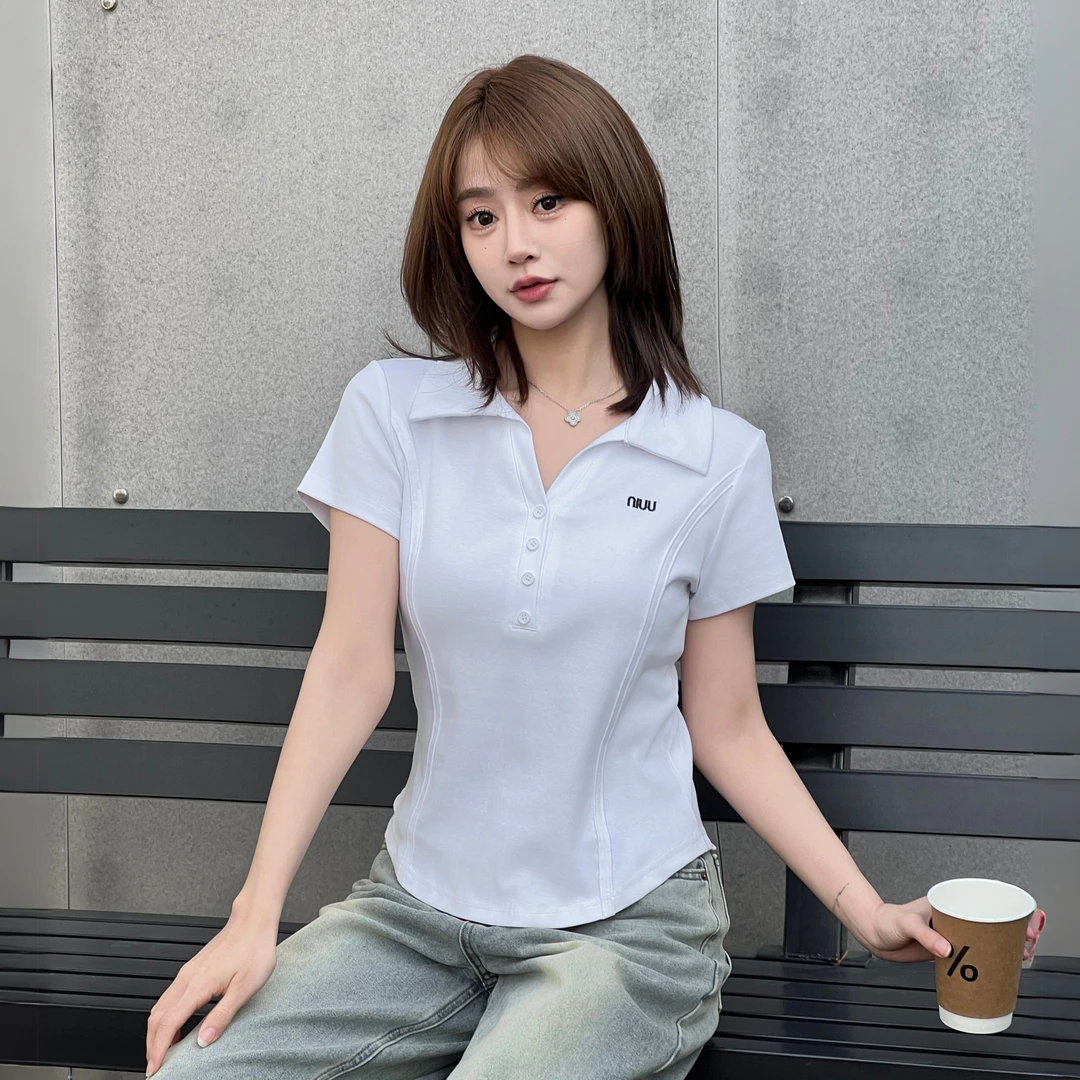 休闲T恤高腰短袖收腰日常修身运动时尚翻领纯色ol修身型常规