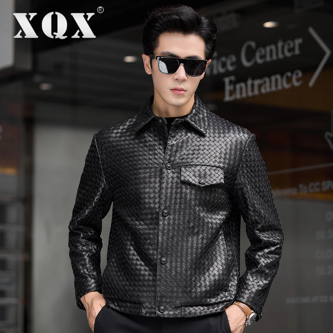 专柜正品海宁皮衣男真皮外套手工编织头层绵羊皮翻领皮夹克男款