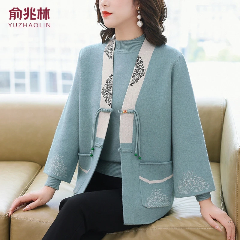 俞兆林妈妈装秋装外套新中式两件套上衣中老年女装春秋洋气针织开