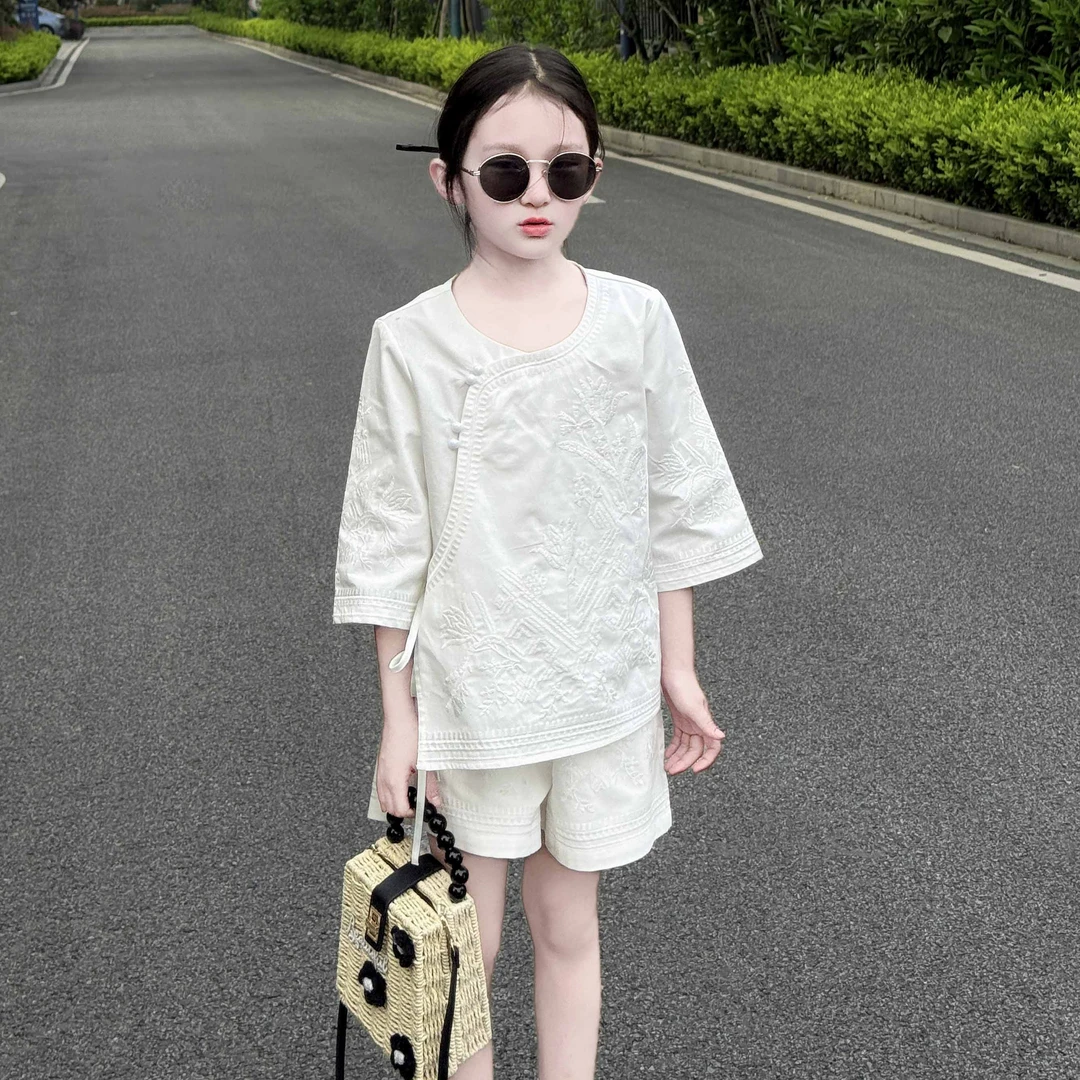 女童新中式女童套装2025夏季新款中国风女宝宝复古刺绣设计两件套
