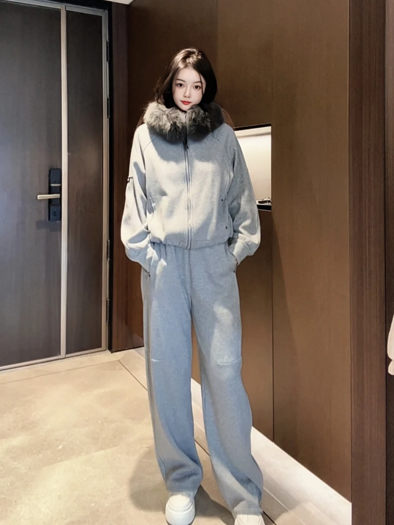 miu家连帽套装 可拆卸狐狸毛领 银狐底绒保暖洋气休闲慵懒IJ7760