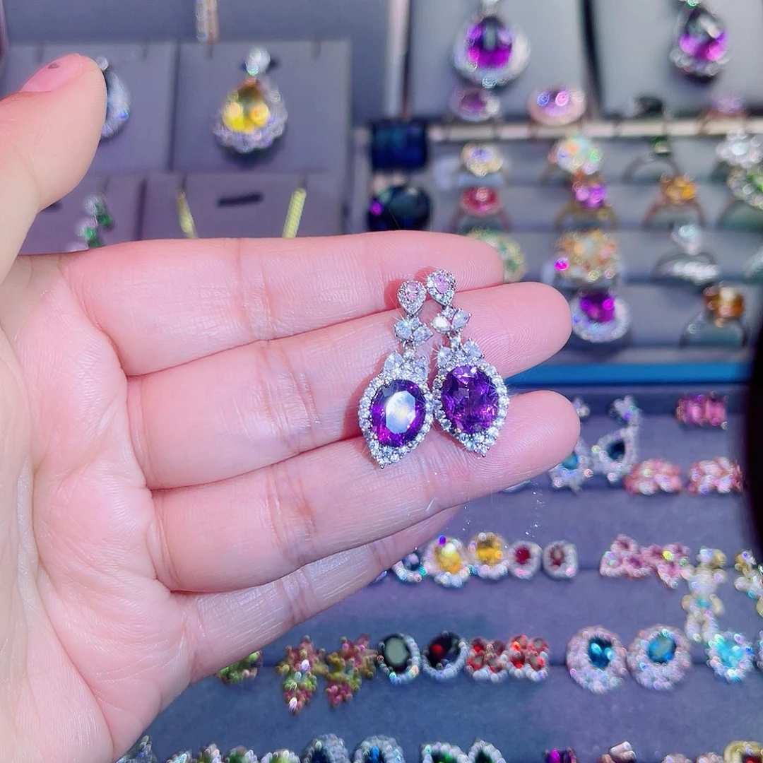 银S925镶嵌耳饰紫晶夏*