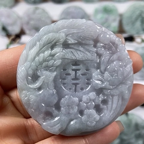 翡翠颈饰未镶嵌山水花开富贵双喜临门两面工