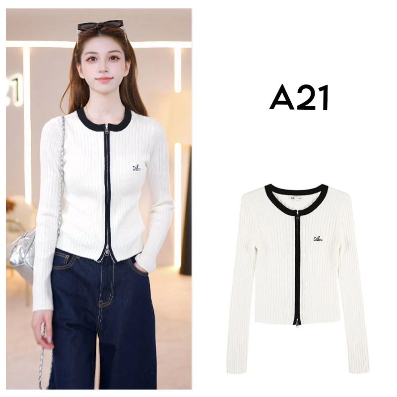 A21女装双拉链针织衫女春装气质显瘦内搭短款修身毛衣F441244019