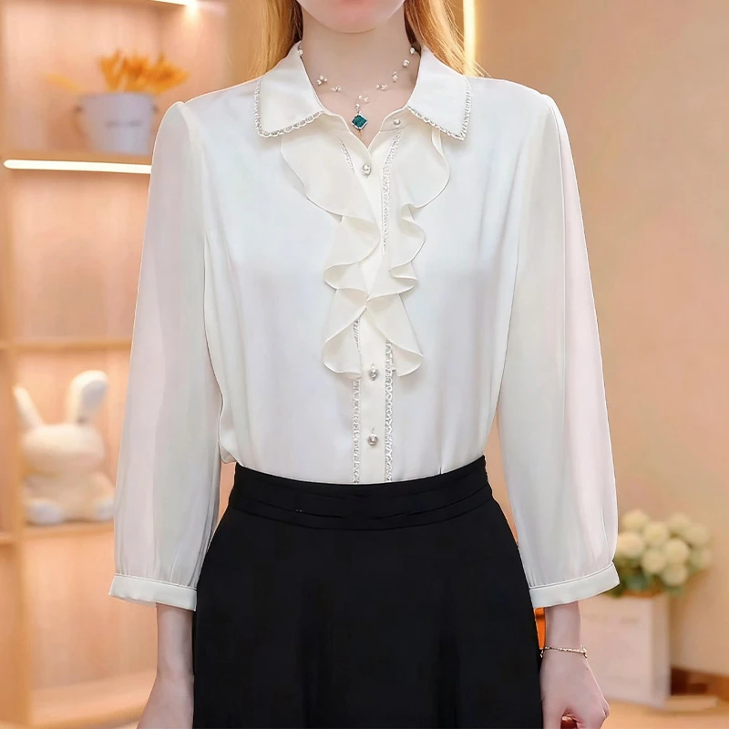 2025早秋新款翻领荷叶边纯色洋气时尚百搭衬衫女韩版气质长袖上衣
