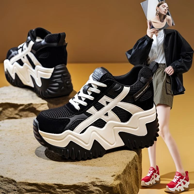 内增高9cm拼色不累脚休闲鞋女ins韩版真皮厚底松糕鞋2025秋季爆款