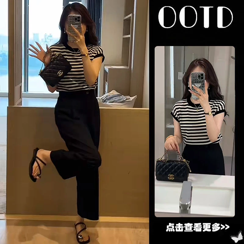 超火夏季穿搭一整套女2025新款韩版条纹短袖T恤百搭阔腿裤两件套