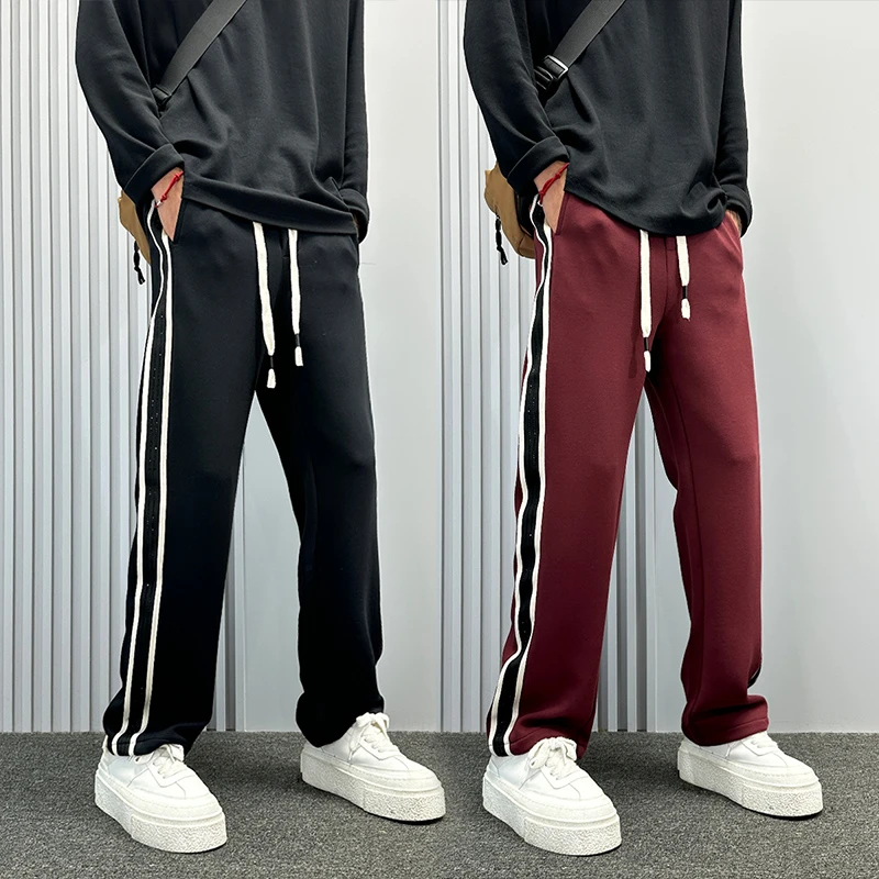 设计感撞色条纹拼接休闲裤男秋冬新款修身显瘦运动卫裤痞帅长裤子