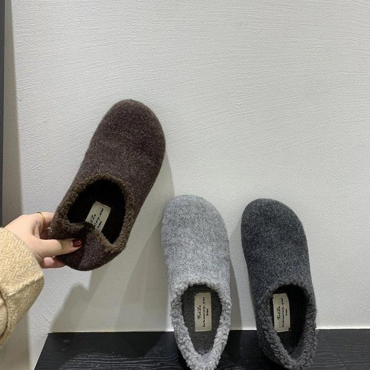 灰色毛毛鞋女冬外穿呢子单鞋一脚蹬平底勃肯鞋女加绒保暖豆豆棉鞋