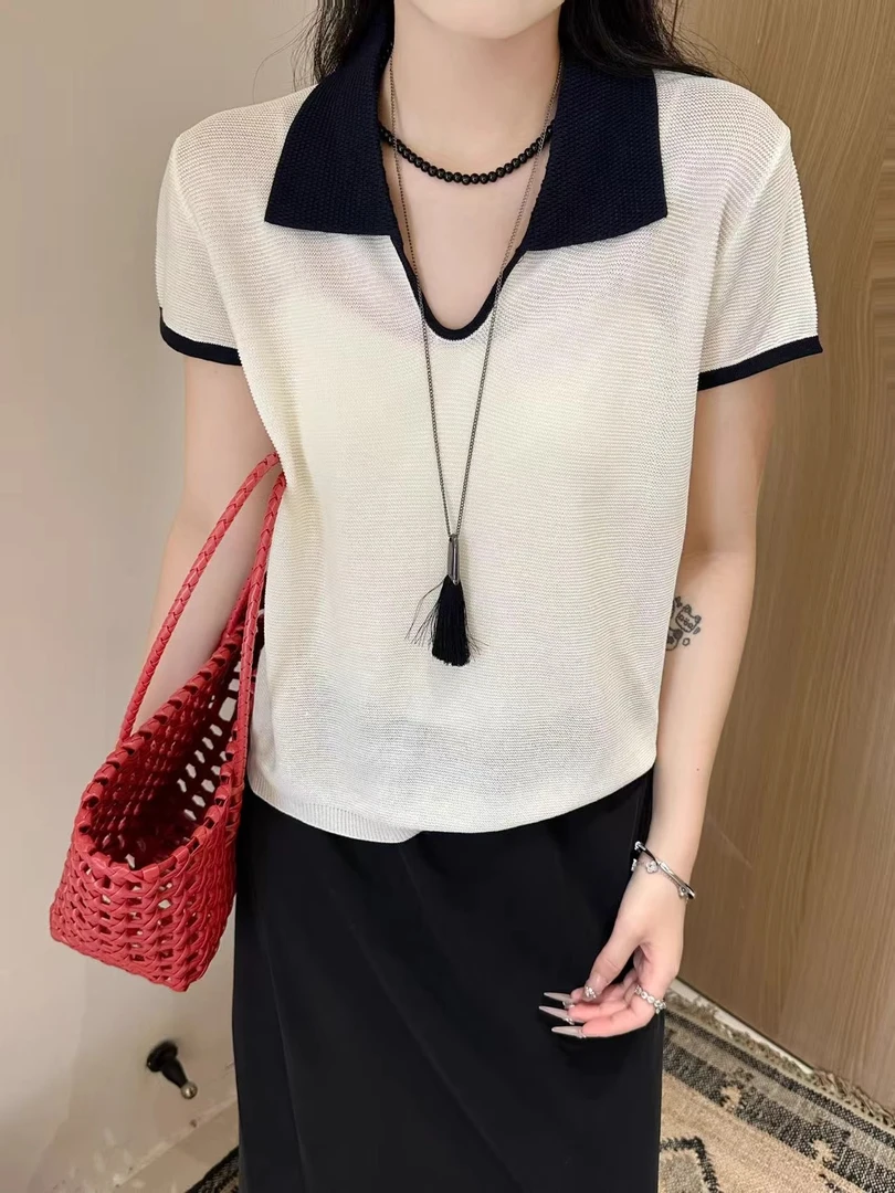 韩范洋气设计感撞色翻领短袖针织衫2025夏季时尚宽松显瘦百搭上衣