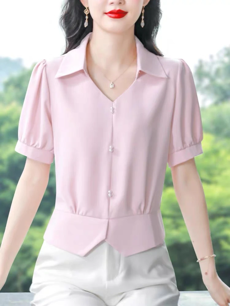 时尚收腰短袖雪纺衬衫女士装夏季新款气质短款小衫洋气小个子上衣
