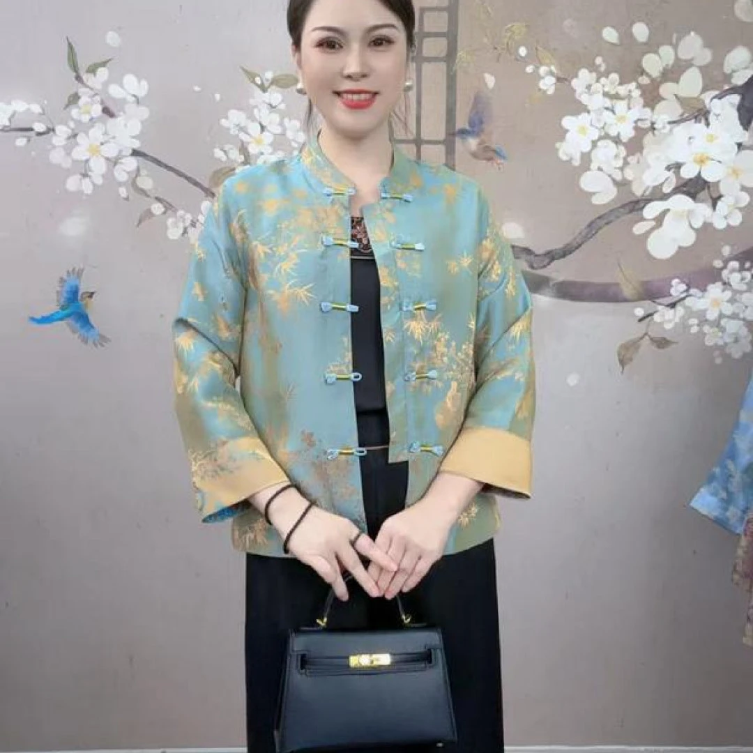 新中式国风新款【竹报平安】两面穿 长袖织锦提花立领气质女装