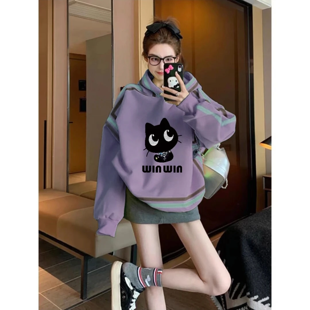 紫色连帽卫衣女春秋季2025新款欧货小众设计加绒外套oversize上衣