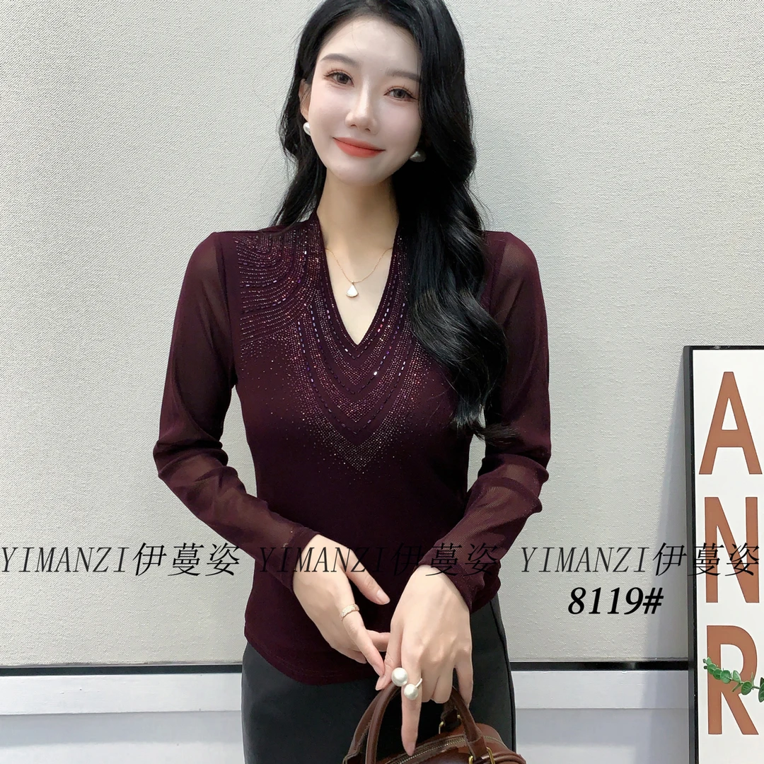 8119 新款时尚百搭显瘦气质V领弹力高级网纱打底衫