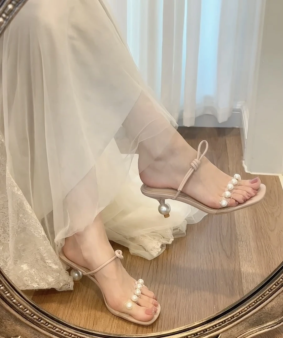 粉色高跟鞋方头一字凉鞋女款2025新款拖鞋高级感外穿法式绝美夏季