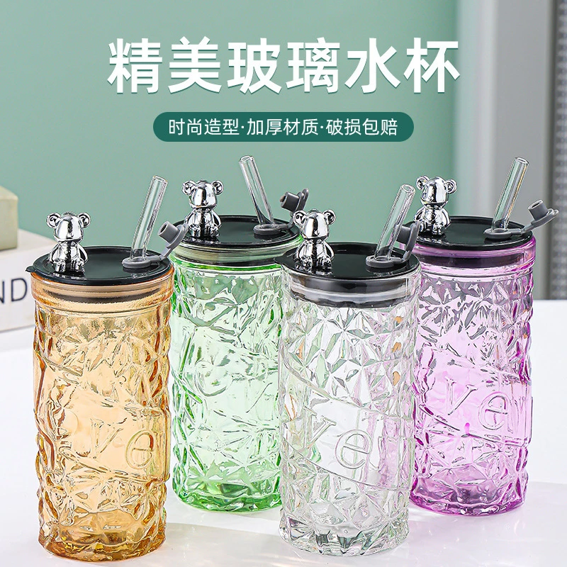 钻石小熊吸管杯玻璃杯带盖子ins风高颜值伴手礼杯子小