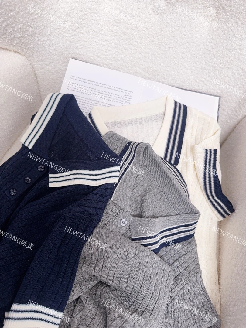 【布丁香颂】271时尚海鸥条纹领竖条三粒扣短袖