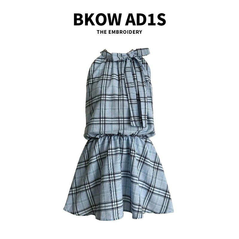 BKOW AD1S挂脖蝴蝶结格纹连衣裙夏无袖宽松显瘦A字裙露肩气质短裙