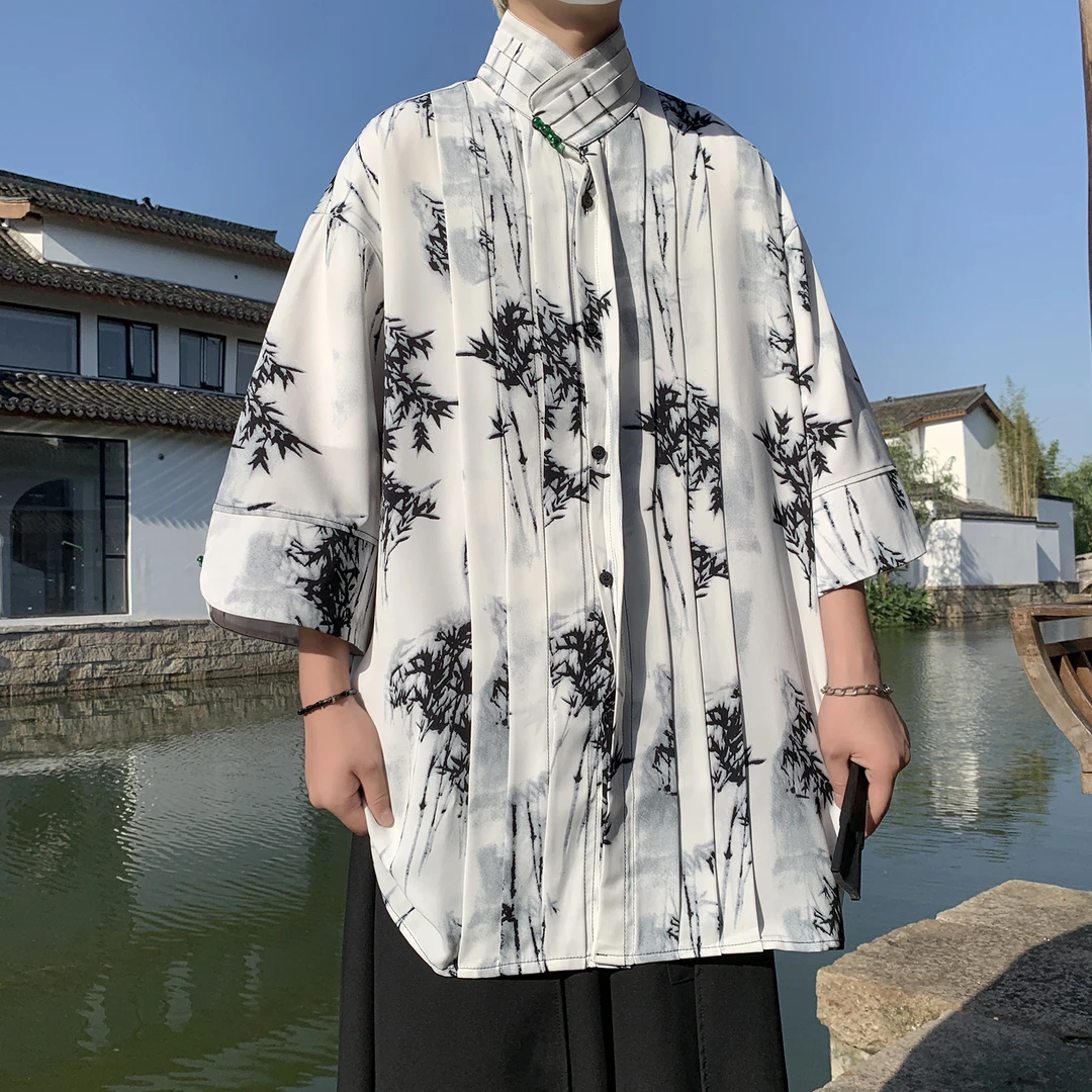 高级感珍珠扣立领唐装男褶皱冰丝短袖衬衫中国风印花宽松中袖衬衣