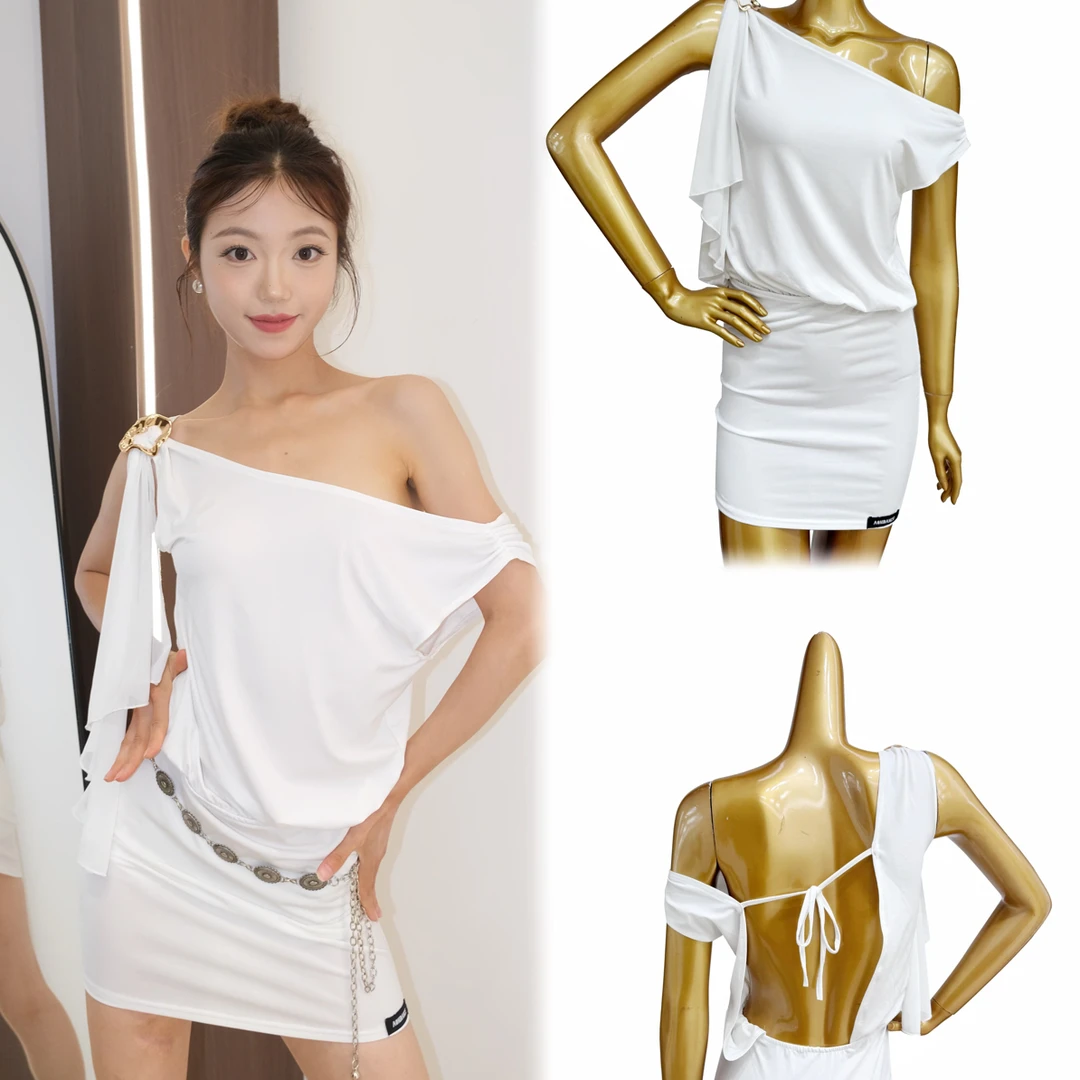 傲睨舞服新品拉丁舞服斜肩上衣金属环罩衫包臀裙练舞宽松遮肉Q93