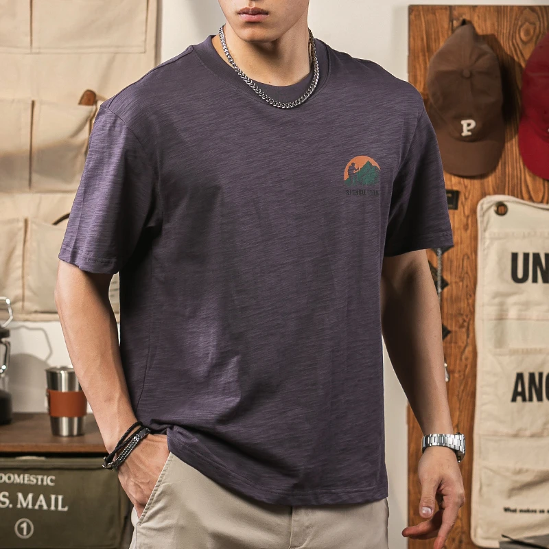 夏季230g竹节棉休闲t恤男紫色后背印花圆领短袖2025新款透气体恤