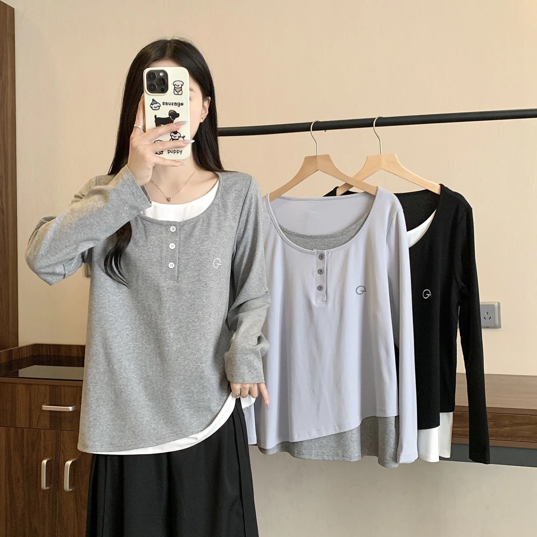 【wy】2025年大码女装春季新款撞色拼接假两件上衣3080