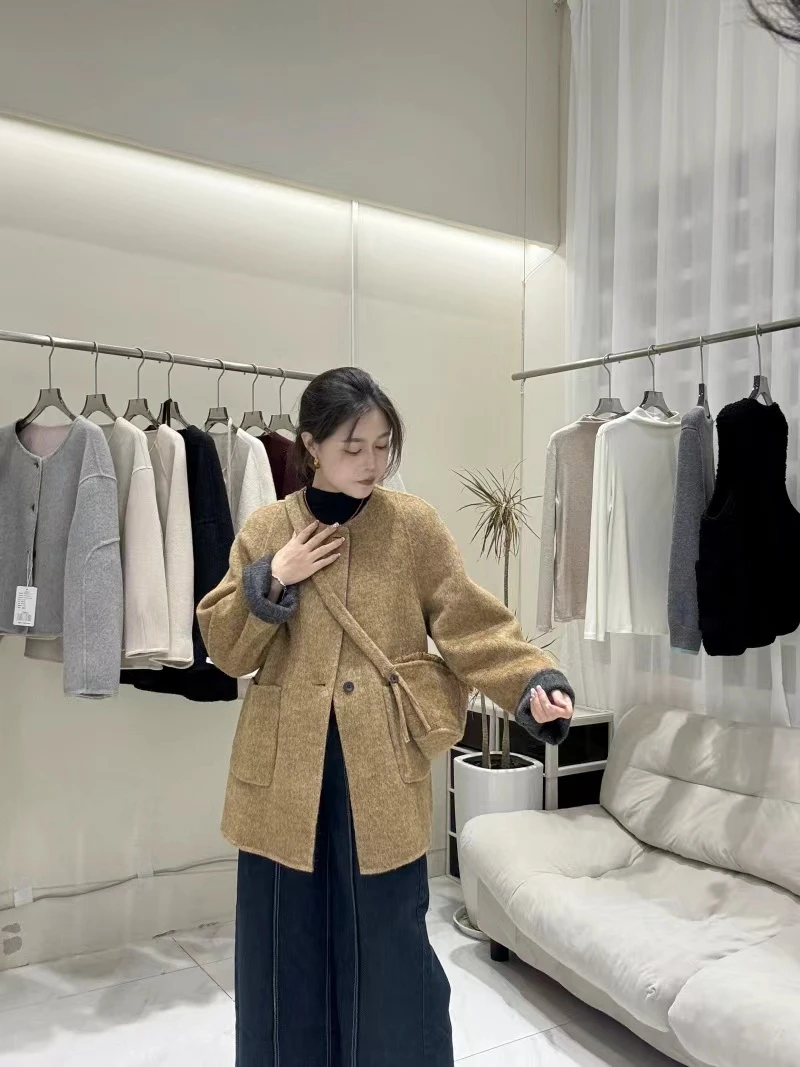 早秋新款戴帽气质双面羊毛外套宽松休闲简约25318