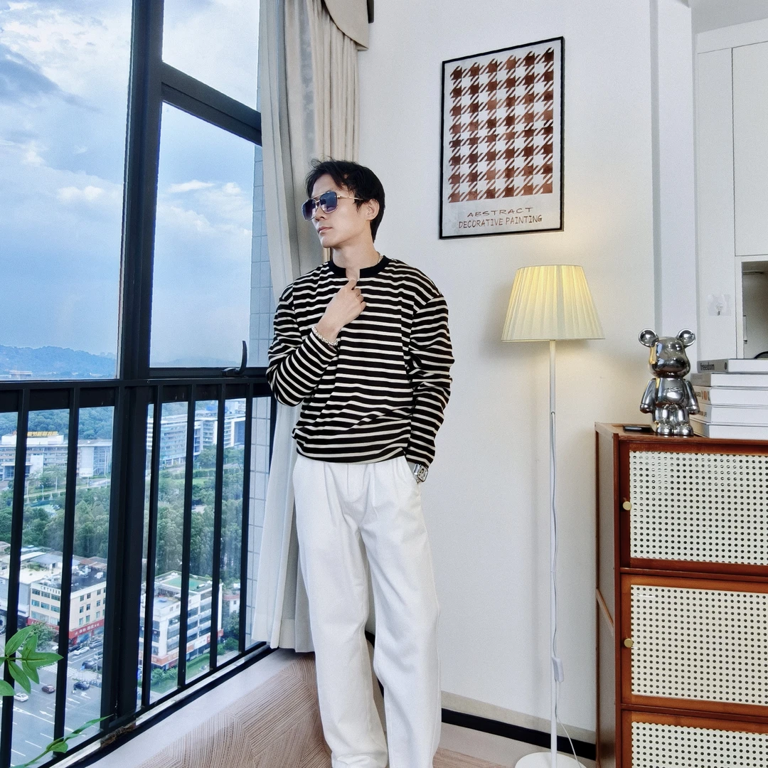 （断码清仓）秋季复古撞色小V领条纹长袖T恤男松弛感宽松百搭上衣