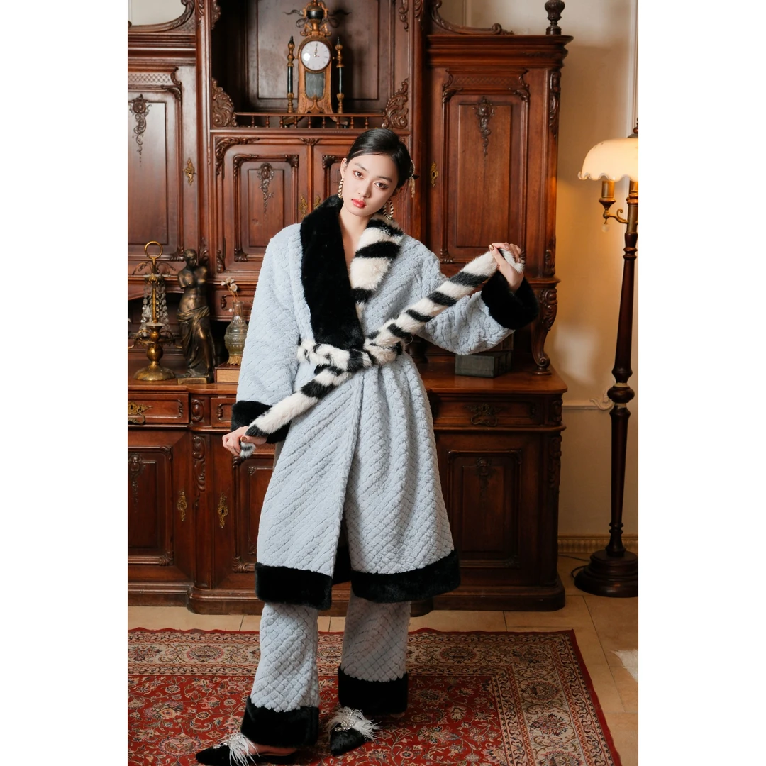 天空蓝睡袍保暖家居服可外穿加厚两件套秋冬