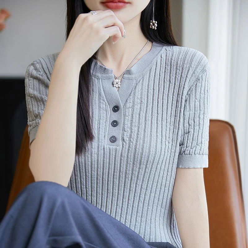 夏季半开V领冰丝针织T恤衫女纯色凉感正肩超百搭半袖薄款洋气上衣