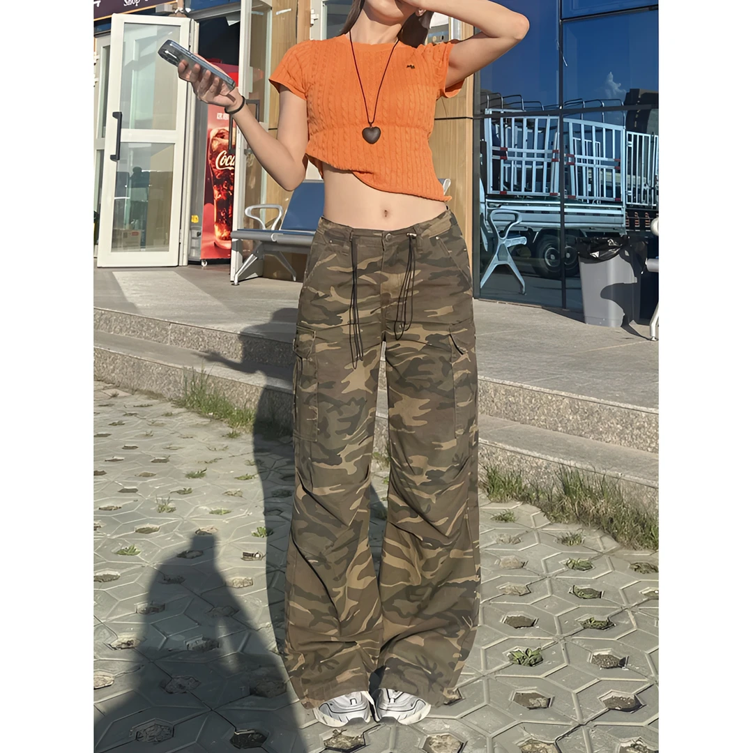 XFX 美式复古宽松直筒迷彩抽绳工装裤女阔腿高街休闲cleanfit长裤