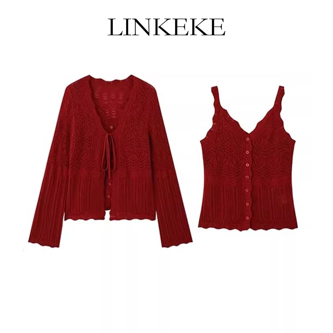 早秋港味复古chic红色镂空系带针织开衫女吊带背心叠穿两件套上衣