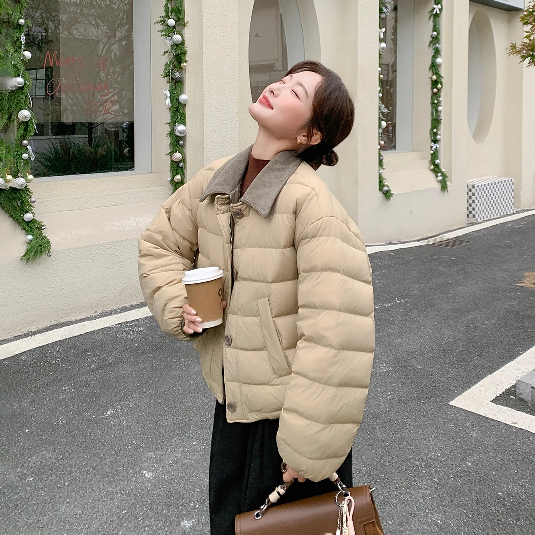 韩系复古通勤设计感两面穿羽绒服2025新款冬季翻领加厚保暖短外套