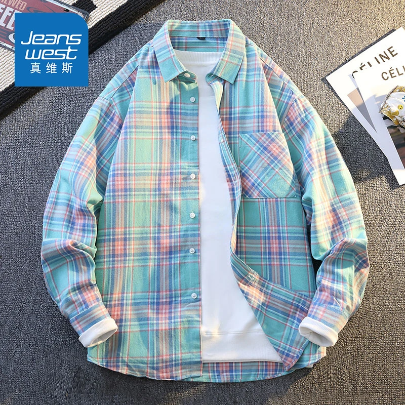Jeanswest/真维斯秋季新款日系格子纹理寸衫高级感长袖衬衫外套男