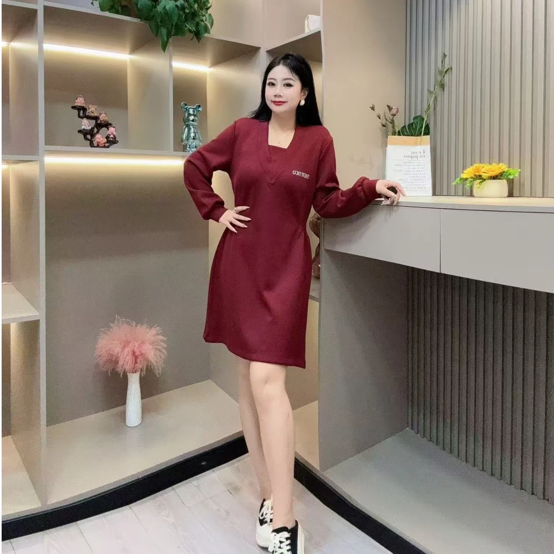 冬季连衣裙-多 7579时尚潮流休闲字母收腰设计胖MM大码女装新款