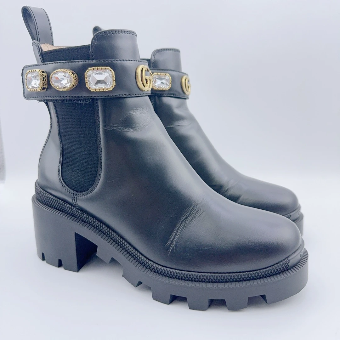 95新 GUCCI/古驰 35码/经典水钻切尔西靴/YM00634