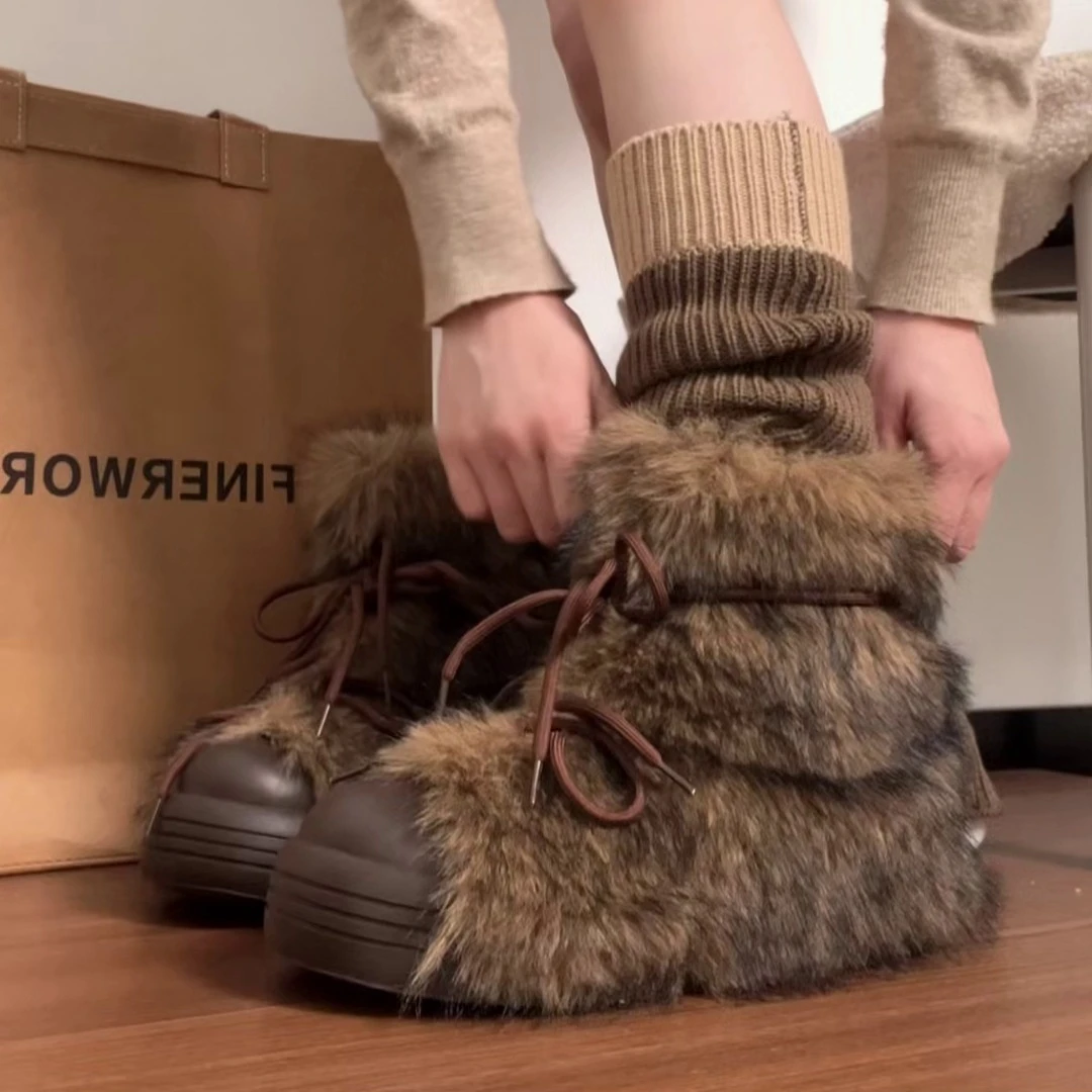 羊皮版~2025秋冬新款复古风圆头厚底雪地靴女百搭加绒保暖毛毛鞋