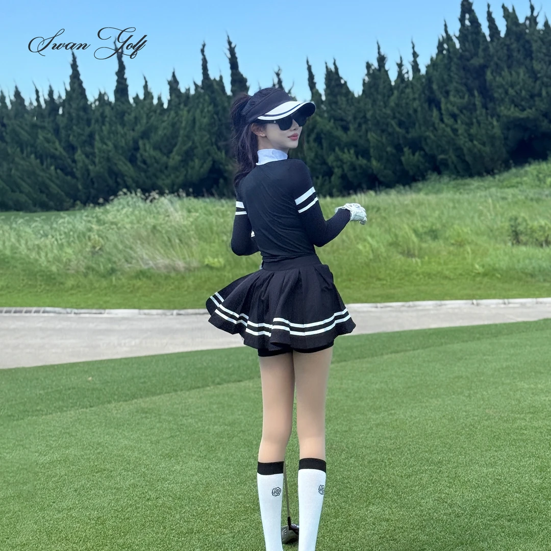 秋冬女款高尔夫长袖T恤内搭搭配百褶裙学院风运动服装