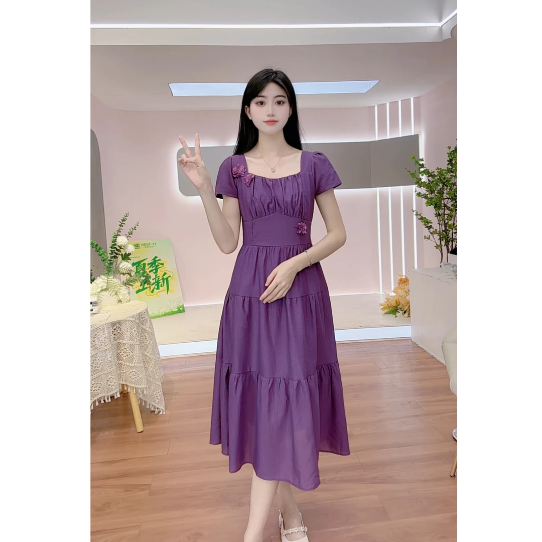 维斯优品·新款法式优雅温婉大方掐腰中长款夏季连衣裙