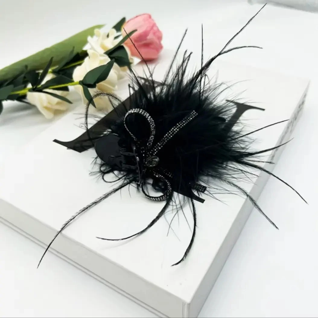 诗泊雅 高级感黑色羽毛抓夹高马尾丸子头盘姨鲨鱼夹气质发卡发夹