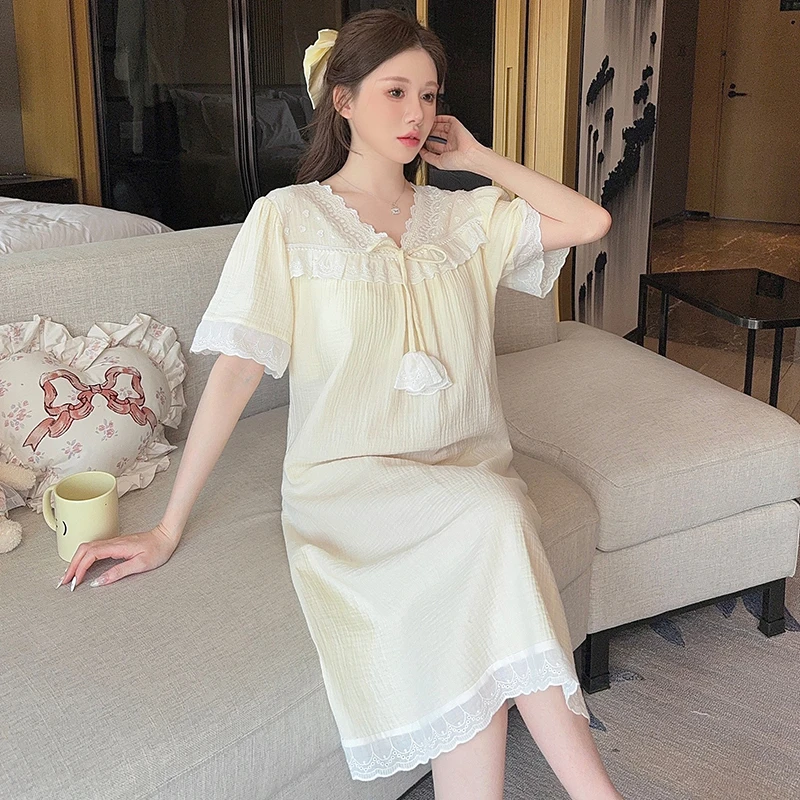 夏季双层棉纱睡衣女纯棉100%全棉爆款女士睡裙带胸垫家居服可外穿