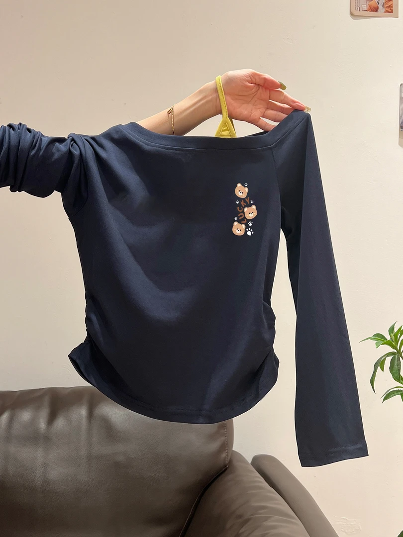 斜肩T恤女露肩假两件长袖复古辣妹修身秋季褶皱收腰不规则上衣ins