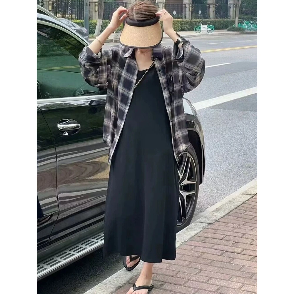 格子衣夏季气质长袖衬衣外套中长款宽松百搭开衫轻薄上衣衬衫