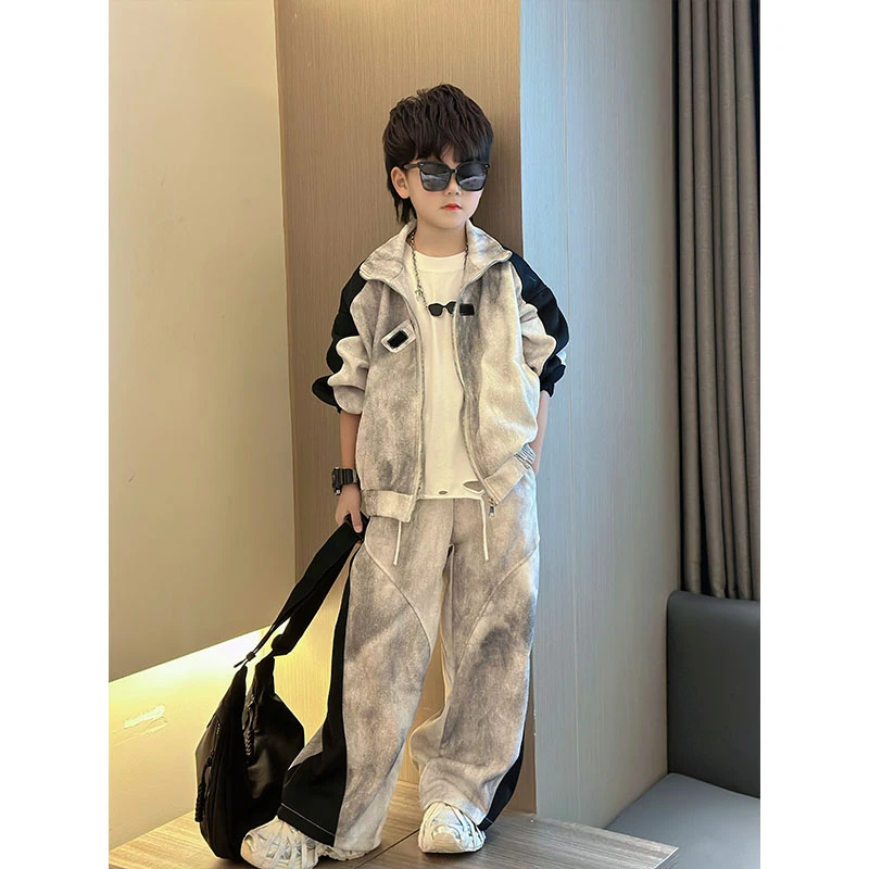 男童高街美式长袖秋装套装2025年秋季新款儿童酷帅拼接休闲俩件套