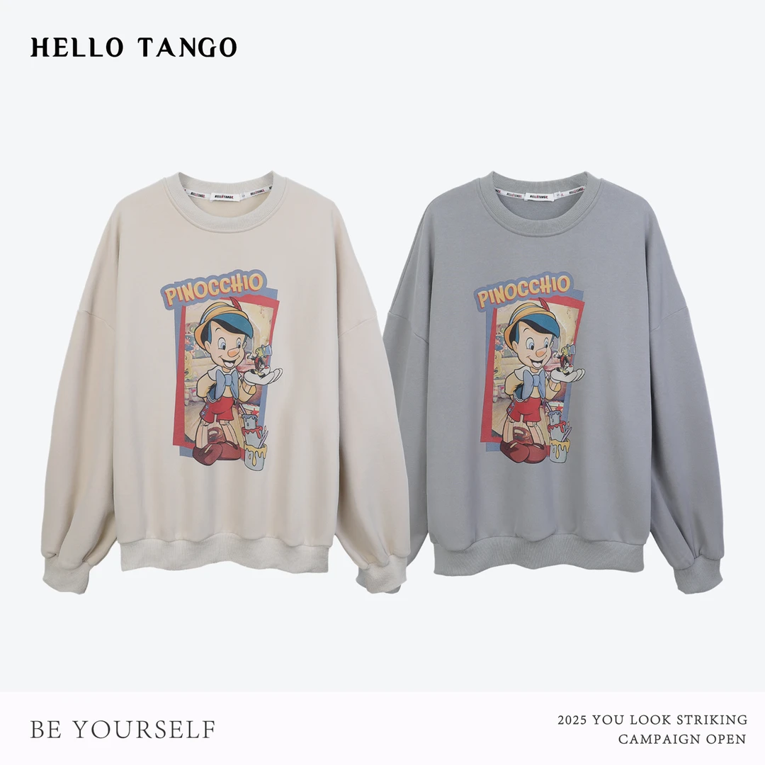 HELLOTANGO《匹诺曹画报》秋冬复古卡通图案加绒圆领套头卫衣55774#