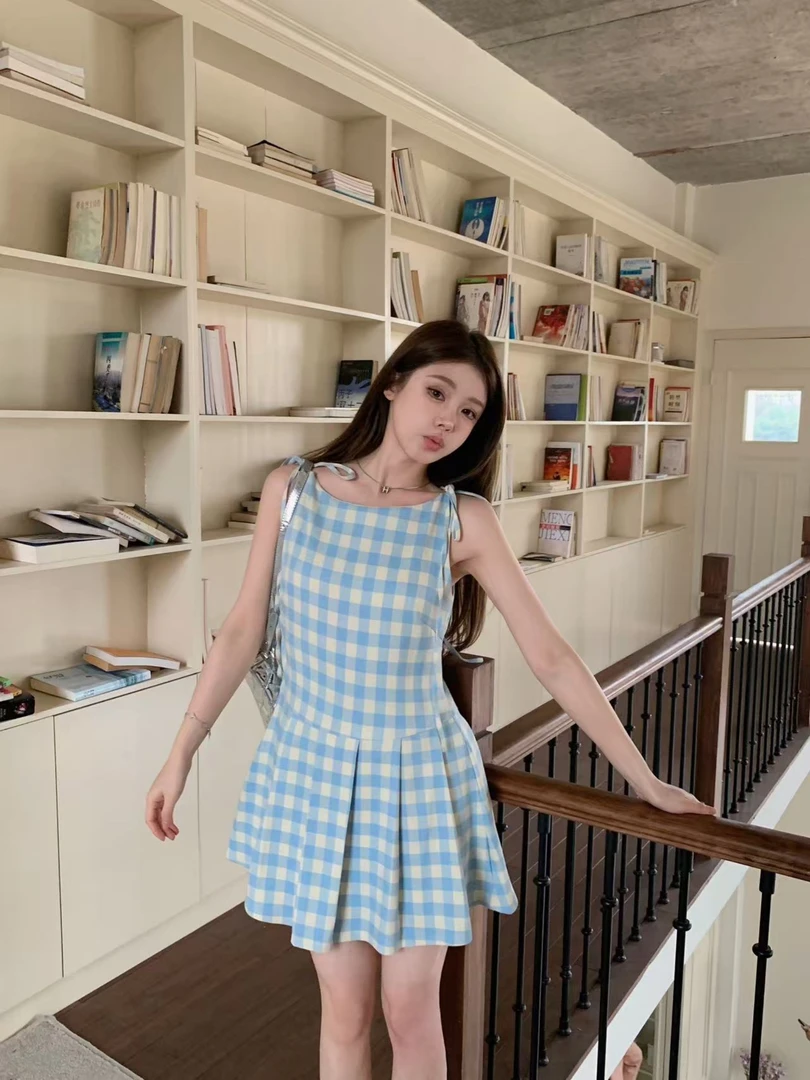 GAZ线上商店春夏少女感无袖绑带百褶格子裙连衣裙蝴蝶结系带裙子